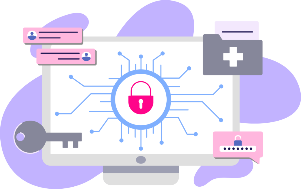 graphic of a computer with security themed objects such as keys, lock, etc.